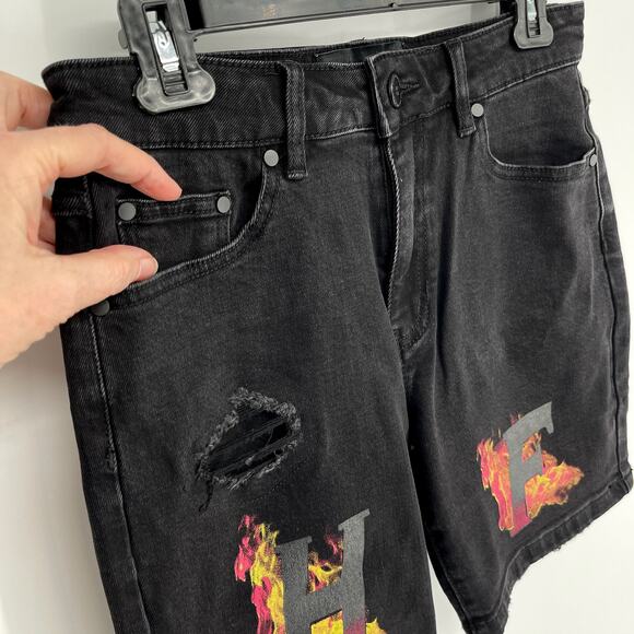Homme + Femme NEW Distressed Flames Logo Jean Shorts Mens Sz 28 Black Stretch - Picture 2 of 11